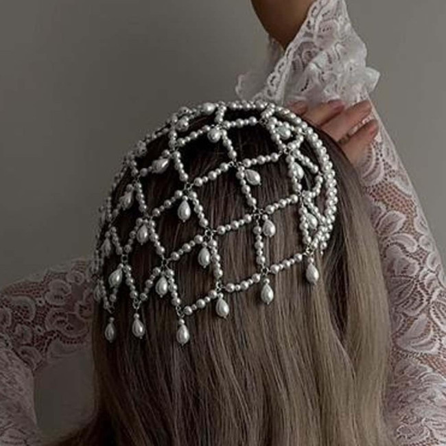 Elegant White Vintage-Inspired Alloy Head Chain - Beaded Accents Flapper Headpiece for Women - Roaring 1920s Gatsby Hair Accessories Non-Feathered Carnival Dress Cap