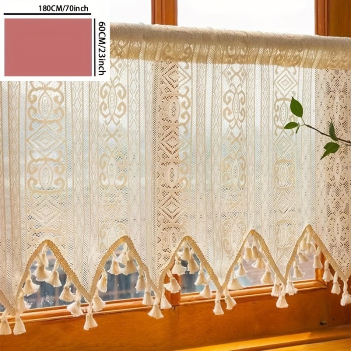 Semi-Sheer Beige Lace Cafe Curtain - Bohemian Chic Rod Pocket Design with Tassels for Easy Hanging, Perfect for Kitchen & Living Room Decor