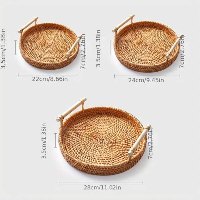 1pc Handmade Rattan Serving Tray - Double Ear Tea Tray, Fruit Plate, Bread Snack Basket, Storage Woven Basket, Heat Insulation, Perfect for Home Kitchen Supplies