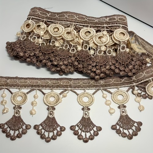 Two-Tone Embroidery Fringe Lace Trim - 5 Yards, Brown and Cream, Ideal for Crafts, Sewing Projects, Curtains, Sofa Pillows, Tablecloths
