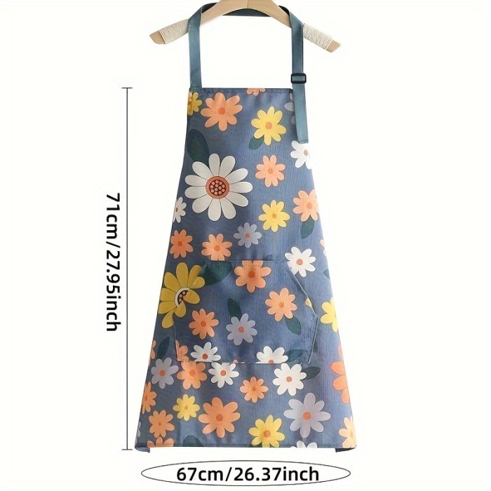 Floral & Heart Print Apron - Adjustable Neck Strap, Large Pocket, Easy-Clean PVC, Stylish Kitchen Accessory for Cooking & Gardening, 1pc