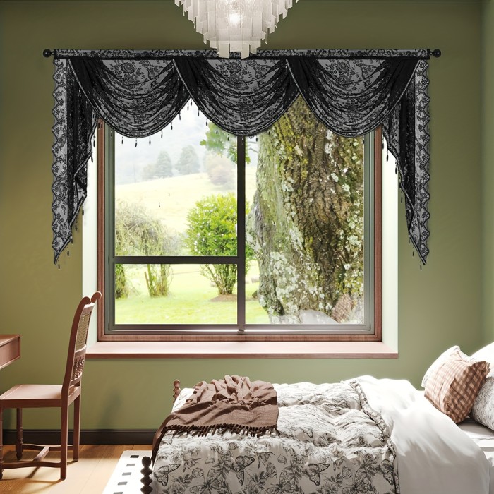 Semi-Sheer Polyester Wave Lace Valance - Chic Black Floral Jacquard Short Curtain for Kitchen & Living Room Decor with Rod Pocket Design
