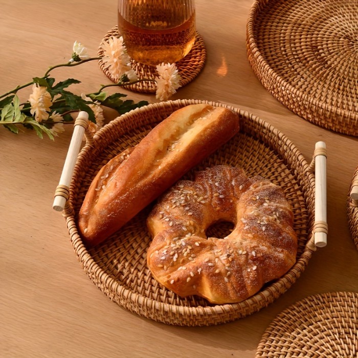 1pc Handmade Rattan Serving Tray - Double Ear Tea Tray, Fruit Plate, Bread Snack Basket, Storage Woven Basket, Heat Insulation, Perfect for Home Kitchen Supplies
