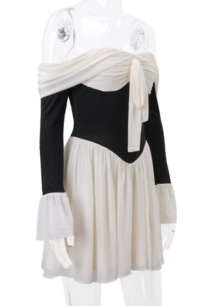 Sexy Backless Contrast Off Shoulder Waist Skirt Dresses