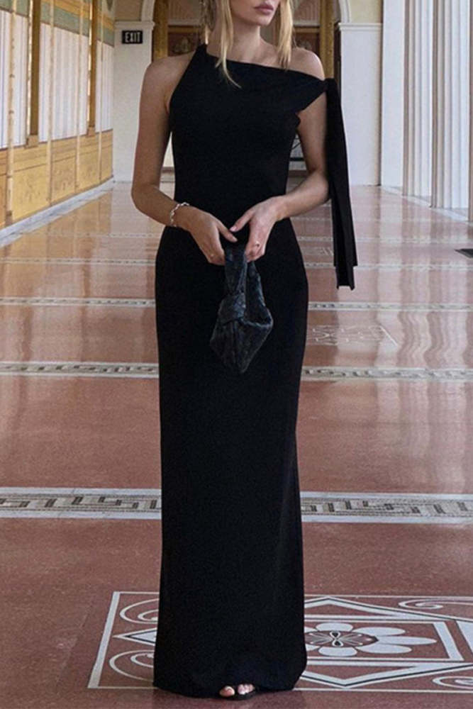 Sexy Solid Color Lace Up Irregular Sloping Shoulder Long Dresses