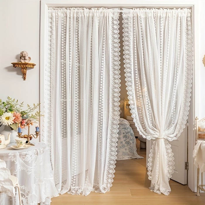 Vintage French Lace Curtain Luxury 1 Panel Vintage French Lace Tulle Curtain - Romantic Geometric Hollow Pattern Sheer Drapery, Easy-Care Polyester, Rod Pocket Top - Ideal for Living Room & Bedroom