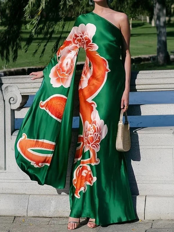 Long Sleeves Loose Asymmetric Flower Print One-Shoulder Maxi Dresses