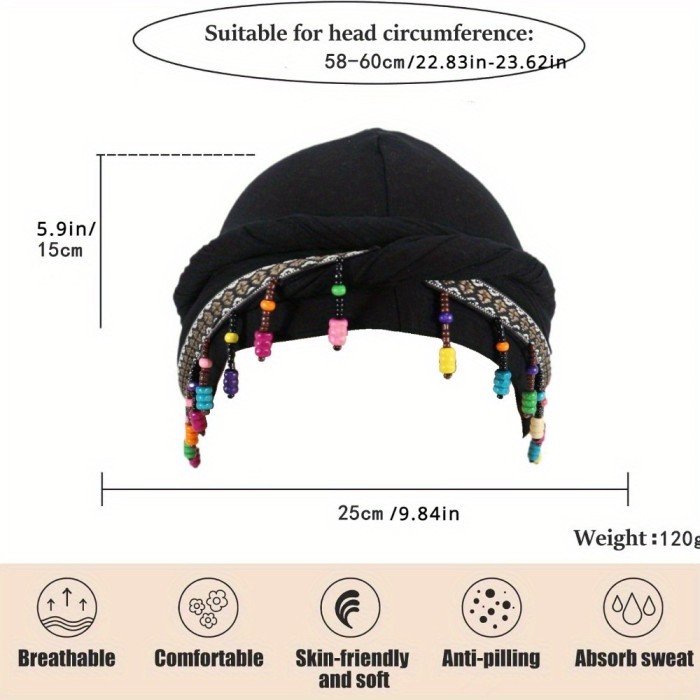 Ohrmbya Women's Fashion Headband - Moisture Wicking, Adjustable, Modal Material, Satin Lined, Beaded Turban Hat for All-Season Wear, 1pc