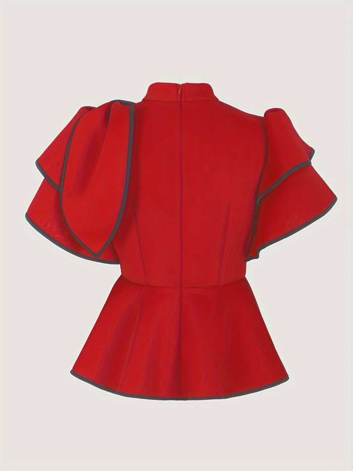 Flirty Ruffle Trim Mock Neck Blouse - Chic Short Sleeve for Spring & Summer - Fashionable Contrast Detail Womens Top