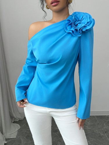 Women's Elegant Off-Shoulder 3D Floral Decor Blouse - Long Sleeve, Polyester\u002FSpandex, Machine Washable, Ideal for Casual or Dressy Occasions, Autumn Apparel|Offshoulder Blouse|Glossy Fabric, Floral Print Blouse