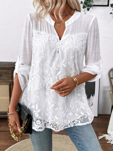 1pc Floral Embroidered Polyester 100% Crew Neck Long Sleeve Blouse for Women, Woven Shirting Shirt for Spring\u002FFall Season
