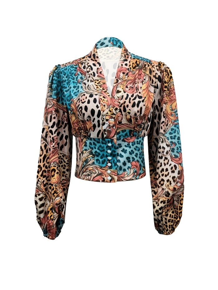 Women's Elegant Leopard Print Blouse with Tropical Accents - V-Neck, Lantern Sleeves, Cinched Waist, Machine Washable, Polyester, Bold & Stylish for Casual or Formal Occasions, Cute Blouse