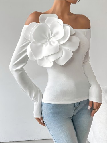 Elegant Off-Shoulder 3D Floral Knit Long Sleeve Blouse - White, Stretchy Polyester & Spandex, Machine Washable, Perfect for Casual Outings, Floral Print Blouse