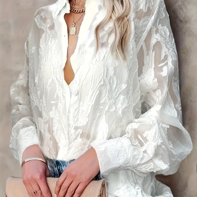 Elegant Style Jacquard Blouse Women Elegant Floral Jacquard Long Sleeve Blouse - Versatile Single-Breasted Cardigan for Women, Machine Washable, Jacquard, Versatile, Elegant Style, Leisure Outing Occasion, Conventional Version, ALL\u002FGlobal\u002FAll