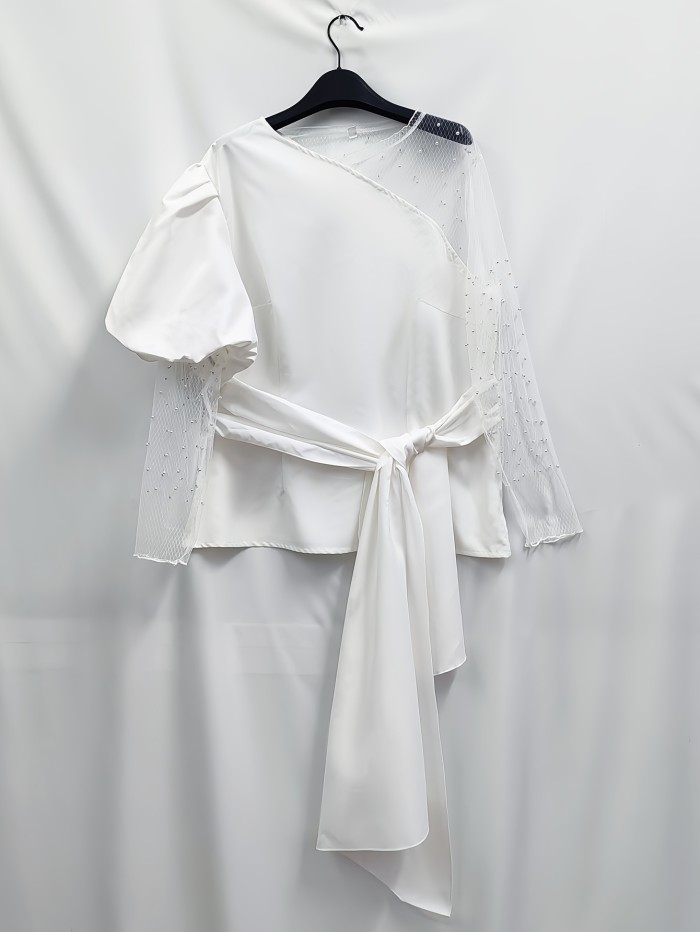 Elegant Women's Mesh Panel Puff Sleeve Blouse with Asymmetrical Neckline - Polyester, Non-Stretch, Hand Washable