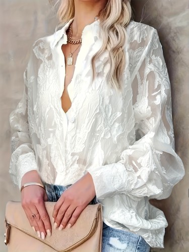 Elegant Style Jacquard Blouse Women Elegant Floral Jacquard Long Sleeve Blouse - Versatile Single-Breasted Cardigan for Women, Machine Washable, Jacquard, Versatile, Elegant Style, Leisure Outing Occasion, Conventional Version, ALL\u002FGlobal\u002FAll