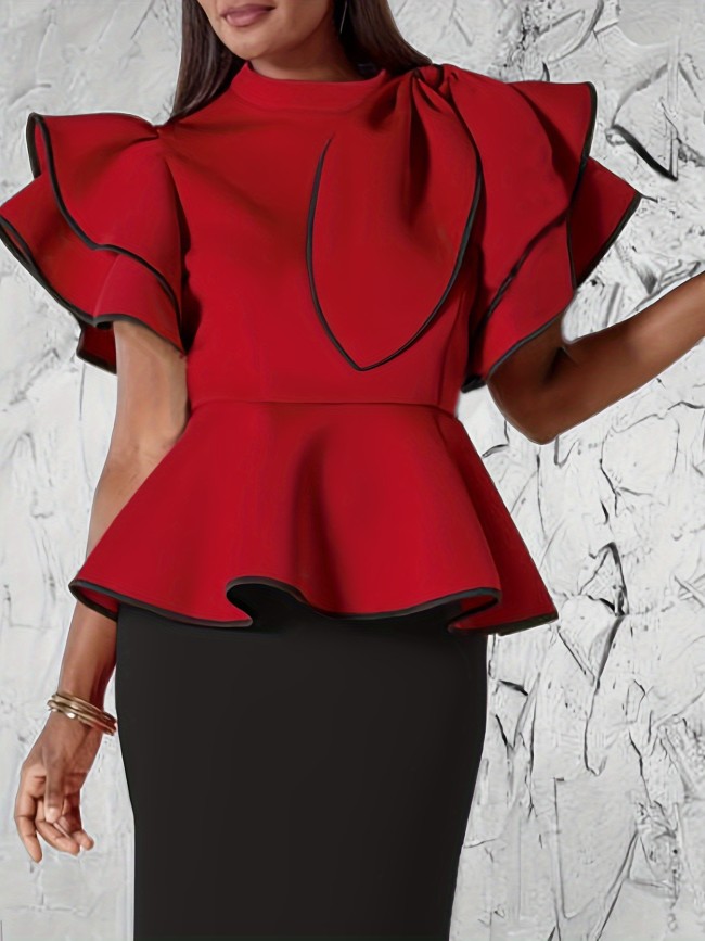 Flirty Ruffle Trim Mock Neck Blouse - Chic Short Sleeve for Spring & Summer - Fashionable Contrast Detail Womens Top