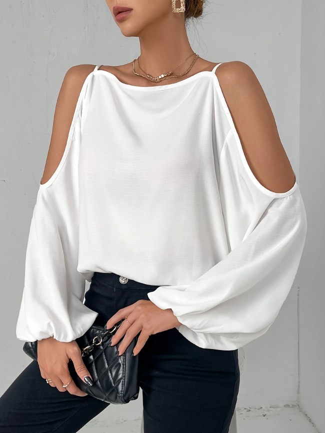 100% Solid Color Woven Blouse 1pc Elegant Off-Shoulder Women's Blouse - 100% Polyester Solid Color Long Sleeve Shirt for Spring\u002FSummer\u002FFall - Woven Adult Shirting