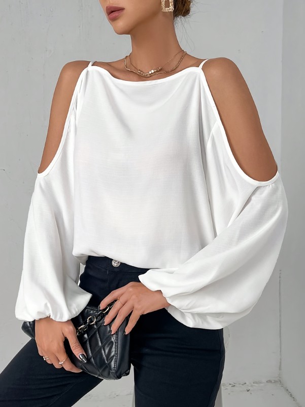 100% Solid Color Woven Blouse 1pc Elegant Off-Shoulder Women's Blouse - 100% Polyester Solid Color Long Sleeve Shirt for Spring\u002FSummer\u002FFall - Woven Adult Shirting