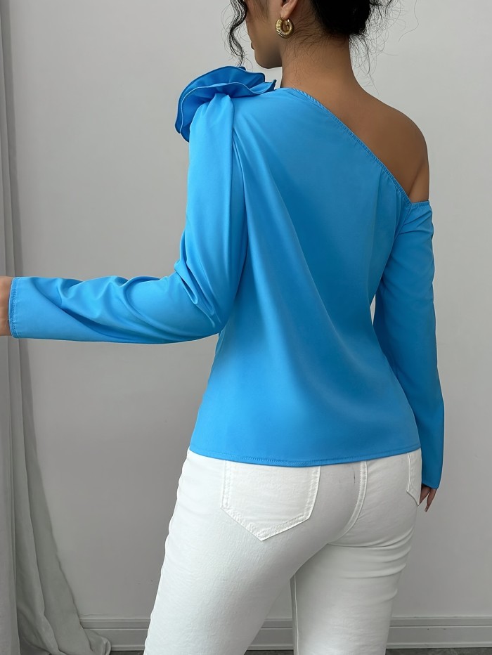 Women's Elegant Off-Shoulder 3D Floral Decor Blouse - Long Sleeve, Polyester\u002FSpandex, Machine Washable, Ideal for Casual or Dressy Occasions, Autumn Apparel|Offshoulder Blouse|Glossy Fabric, Floral Print Blouse