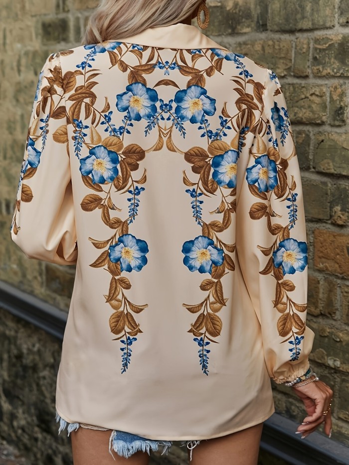 Long Sleeve Elegant Floral Print Lapel Neck Retro Blouses for Women