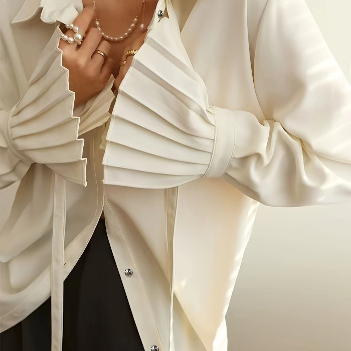 Culture Code Full Size Lapel Collar Ruched Long Sleeve Blouse