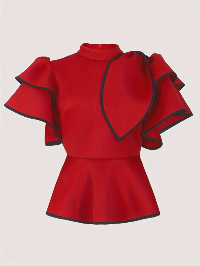 Flirty Ruffle Trim Mock Neck Blouse - Chic Short Sleeve for Spring & Summer - Fashionable Contrast Detail Womens Top
