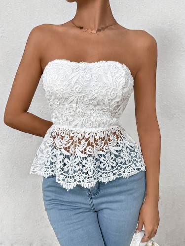 Elegant Lace Bandeau Top Summer Elegant Solid Color Polyester Lace Bandeau Top - Women's Woven Fabric 180gsm with Contrast Lace Detail - 95% Polyester 5% Elastane for Holiday Party Wear