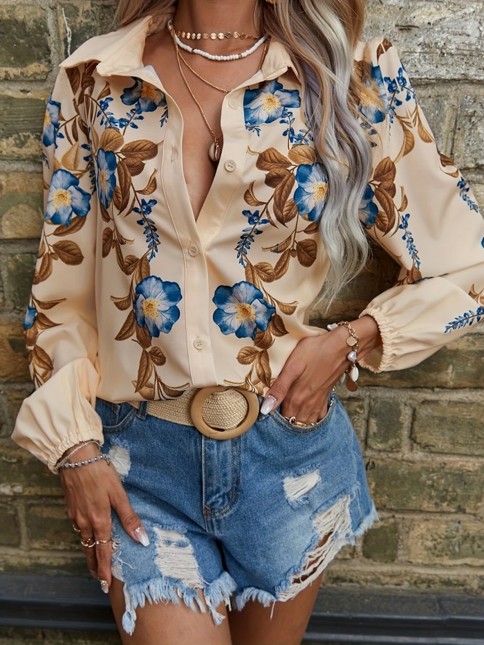 Long Sleeve Elegant Floral Print Lapel Neck Retro Blouses for Women
