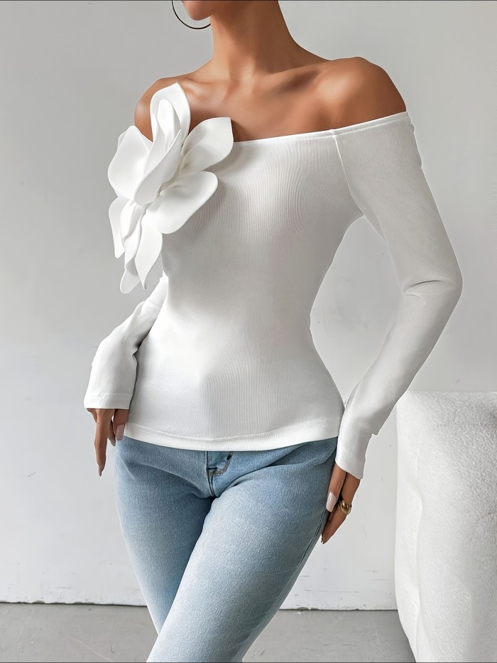 Elegant Off-Shoulder 3D Floral Knit Long Sleeve Blouse - White, Stretchy Polyester & Spandex, Machine Washable, Perfect for Casual Outings, Floral Print Blouse