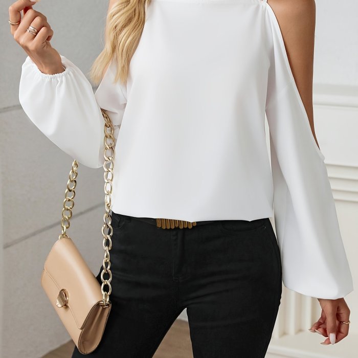 100% Solid Color Woven Blouse 1pc Elegant Off-Shoulder Women's Blouse - 100% Polyester Solid Color Long Sleeve Shirt for Spring\u002FSummer\u002FFall - Woven Adult Shirting