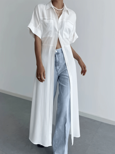 Women'S Casual Solid Color Long Shirt with Front Pocket, Lapel Collar, Button Detail, Woven Polyester 97% Elastane 3% - Versatile All-Season Blouse