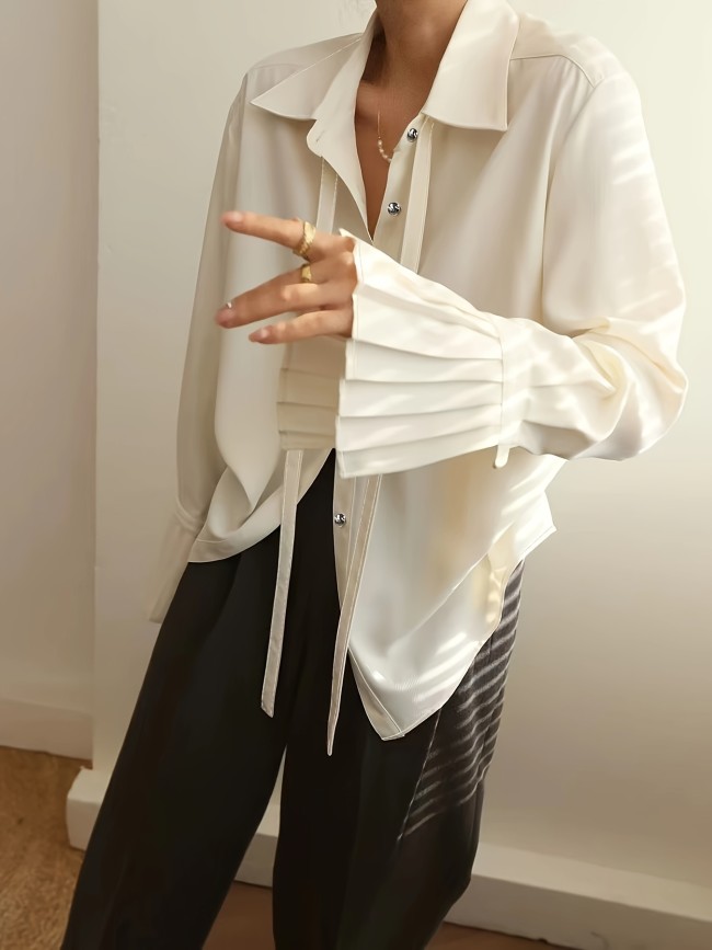 Long Sleeve Elegant Women's Casual Blouse with Pleated Cuffs, Lapel Collar, and Button Detail - Solid Color, Woven Shirt for All Seasons