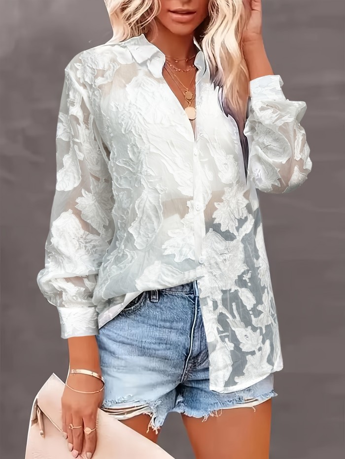 Elegant Style Jacquard Blouse Women Elegant Floral Jacquard Long Sleeve Blouse - Versatile Single-Breasted Cardigan for Women, Machine Washable, Jacquard, Versatile, Elegant Style, Leisure Outing Occasion, Conventional Version, ALL\u002FGlobal\u002FAll