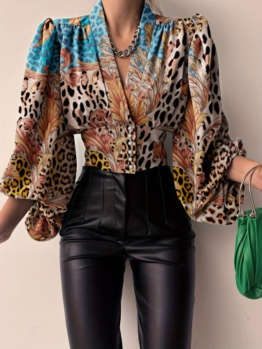 Women's Elegant Leopard Print Blouse with Tropical Accents - V-Neck, Lantern Sleeves, Cinched Waist, Machine Washable, Polyester, Bold & Stylish for Casual or Formal Occasions, Cute Blouse