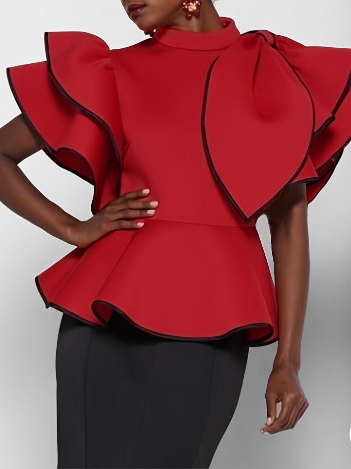 Flirty Ruffle Trim Mock Neck Blouse - Chic Short Sleeve for Spring & Summer - Fashionable Contrast Detail Womens Top
