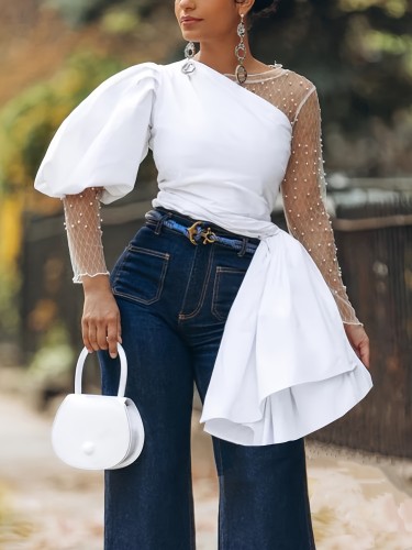 Elegant Women's Mesh Panel Puff Sleeve Blouse with Asymmetrical Neckline - Polyester, Non-Stretch, Hand Washable