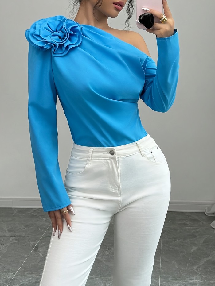 Women's Elegant Off-Shoulder 3D Floral Decor Blouse - Long Sleeve, Polyester\u002FSpandex, Machine Washable, Ideal for Casual or Dressy Occasions, Autumn Apparel|Offshoulder Blouse|Glossy Fabric, Floral Print Blouse