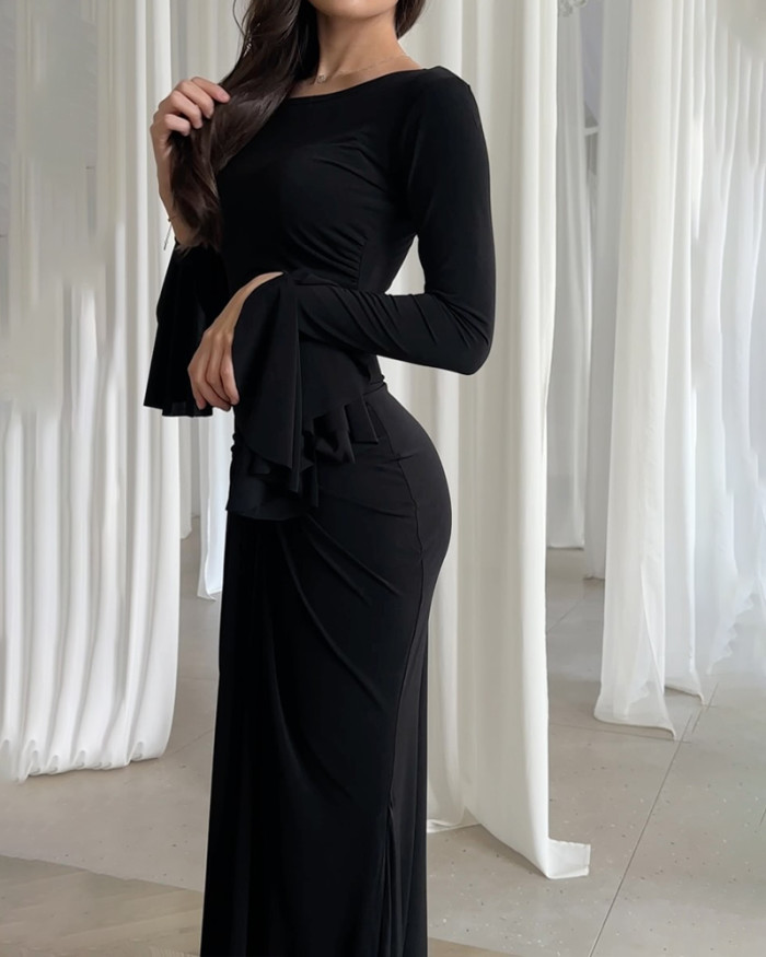 Solid Color Skinny Horn Sleeve Dress