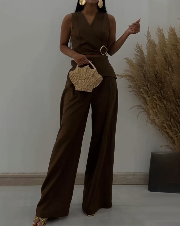 Fashion V-Neck Lace-Up Vest & Pants Two-Piece Set