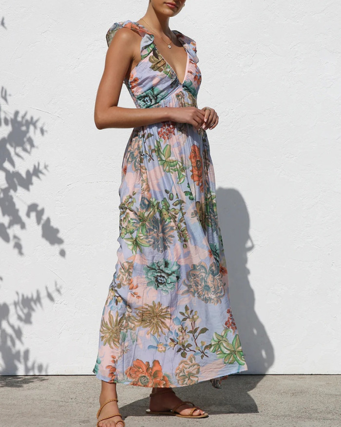 Printed V-Neck Sling Maxi Dress