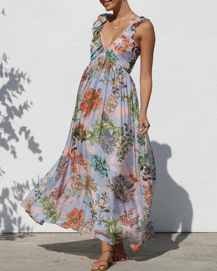 Printed V-Neck Sling Maxi Dress