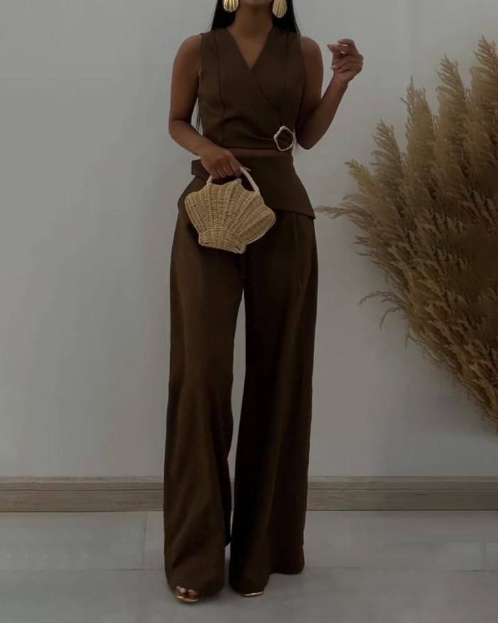 Fashion V-Neck Lace-Up Vest & Pants Two-Piece Set
