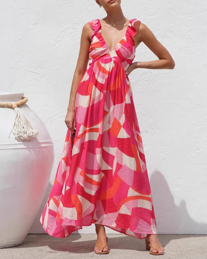 Printed V-Neck Sling Maxi Dress