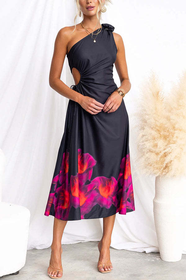 One Shoulder Cut Out Waist Floral Print Midi Swing Dress
