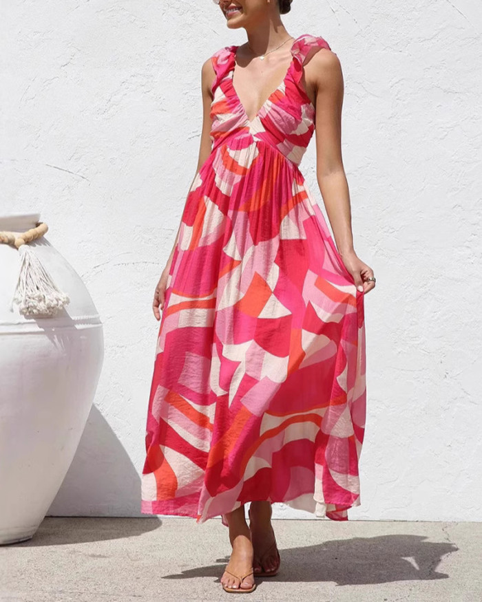Printed V-Neck Sling Maxi Dress