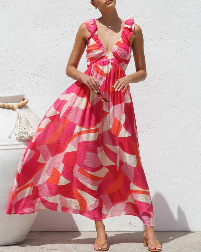 Printed V-Neck Sling Maxi Dress