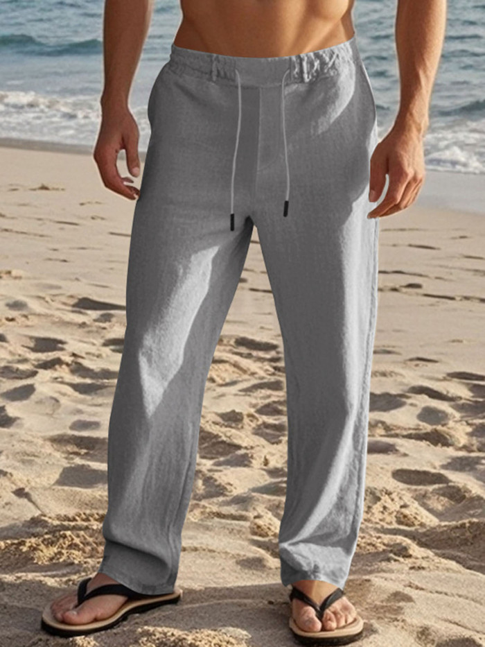 Men'S Drawstring Pants with Pockets Stylish Solid Casual Straight Leg Linen Trousers 3pcs