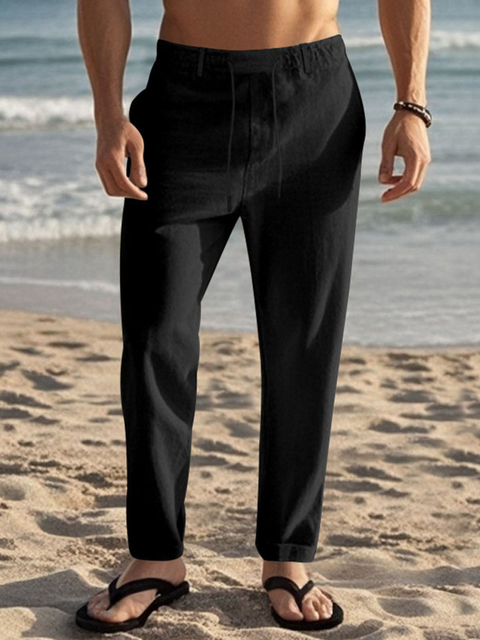 Men'S Drawstring Pants with Pockets Stylish Solid Casual Straight Leg Linen Trousers 3pcs