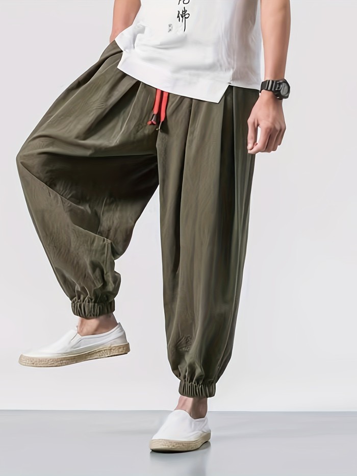 Regular Length Drawstring Hip-Hop Pants Men'S Casual Hip-Hop Pants, Polyester, Solid Color, Non-Stretch, Regular Length, All-Season, Drawstring Waist, Loose Fit, Mid-Waist, Woven, for Men